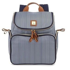 Bananafish breast pump/diaper backpack navy and white pin stripes